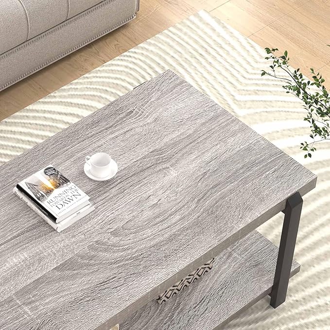 FOLUBAN Rustic Coffee Table, Modern Wood Center Table for Living Room, Industrial 2 Tier Rectangle Low Cocktail Tea Table with Storage Shelf, Light Grey