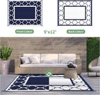 GENIMO 9' x 12' Outdoor Rug Waterproof for Patio Decor, Foldable Reversible Plastic Straw Area Rugs Mat for Camper, Outside Carpet for Rv, Deck, Porch, Picnic, Beach, Balcony, Blue & White
