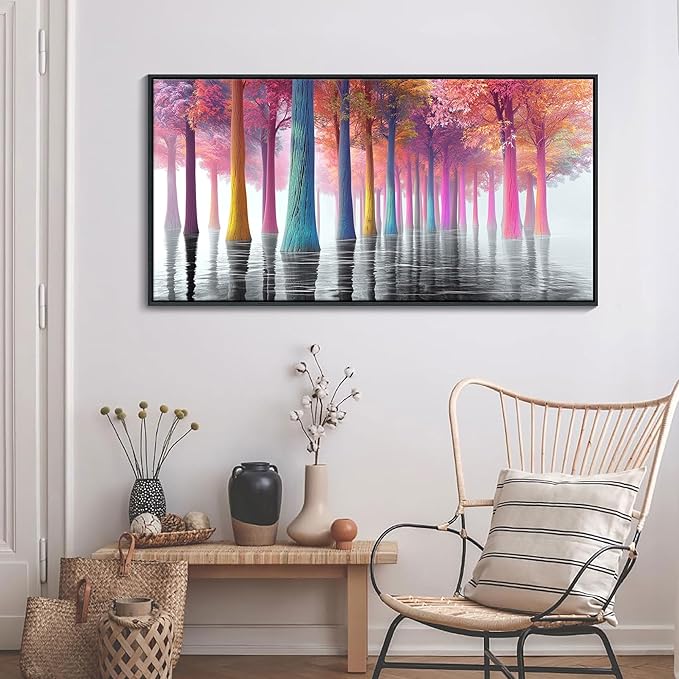 JEAWA Framed Wall Art Canvas - Black and White Lake Landscape Wall Pictures Large Colorful Tree Paintings Artwork Ready to Hang Living Room Bedroom Kitchen Home Office Forest Decor 24x48 IN