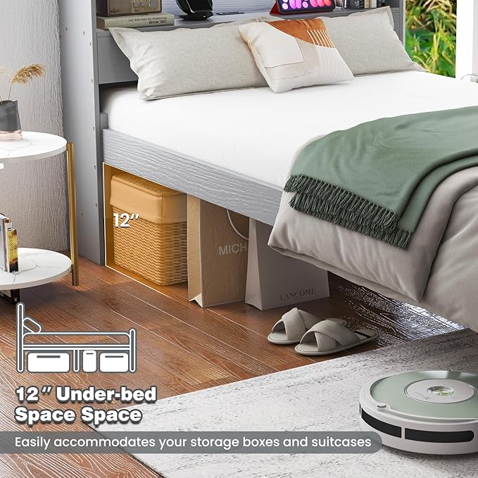 KOMFOTT Twin Size Wood Platform Bed Frame with Charging Station & LED Light, Platform Bed with Storage Headboard & 12” Under-Bed Space, No Box Spring Needed Bed Base, Wood Mattress Foundation (Grey)