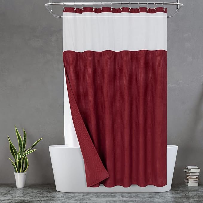 N&Y HOME Waffle Weave Shower Curtain with Snap-in Fabric Liner & 12 Metal Hooks Set - Hotel Style, Waterproof & Washable, Heavyweight Fabric & Mesh Top Window - 71x72, Wine Red