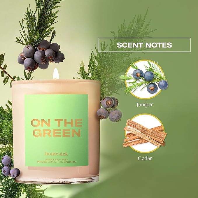 Homesick Scented Candles for Home (On The Green) - 7.5 oz Long-Lasting Natural Soy Wax Blend Jar Candle Gift for Women & Men for All Occasions, 30-35 Hours Burn Time - Notes of Juniper & Cedar