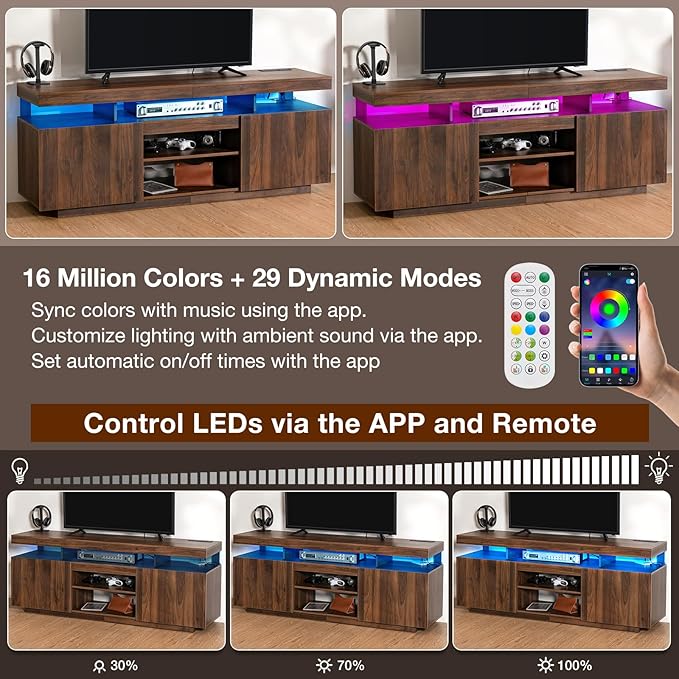 HOMMPA LED Lift Top Coffee Table and TV Stand Set of 2,Modern LED Entertainment Center with Power Outlets for up to 70" TV, Coffee Table with Hidden Compartment & 2 Open Shelve Walnut