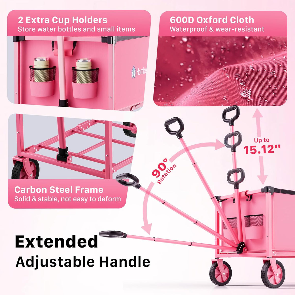 Collapsible Wagon Cart with Wheels, 150L Lightweight Foldable Utility Cart, Portable Rolling Wagon for Garden, Shopping, Sports, Camping, Transport, Pink