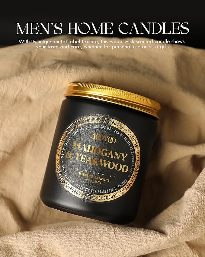 AOOVOO Scented Candles for Men - Mahogany & Teakwood Candles for Home Scented | Crackling Wood Wick Soy Candles | Strong Fragranced Masculine Black Candle Gift for Women & Men, 9oz