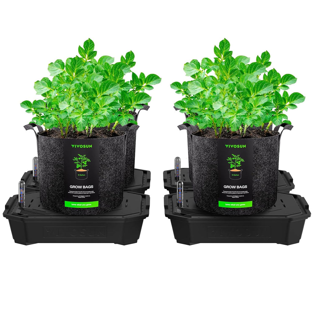 VIVOSUN 4-Pack FlexFeed Self-Watering Pots with Grow Bags, Auto Irrigation Fabric Pot Base with Water Meter & Maintenance Window, for Use Indoors/Outdoors in Grow Tents, Greenhouses, Gardens