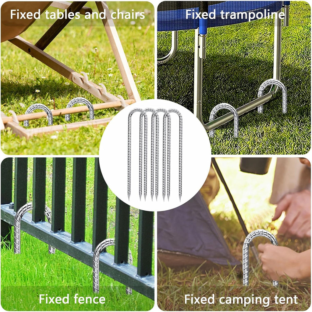 Rebar-Stakes-12-Inch-Galvanized, U Hook Trampoline Stakes 10 Pack Ground Anchors Tent Stakes Heavy Duty for Plants Anti-Rust Landscape Fabric Stakes Artificial Turf