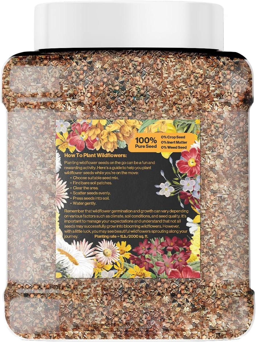 Bulk Wildflower Seed Mix – Honey Bee Wildflower Seed Mix 1 Pound Tub by GevaGrow | Bulk 300,000+ Seed Tub | 19 Variety Flower Seeds for Planting in Pots & Outdoor Gardens | No Messy Bags or Packets |
