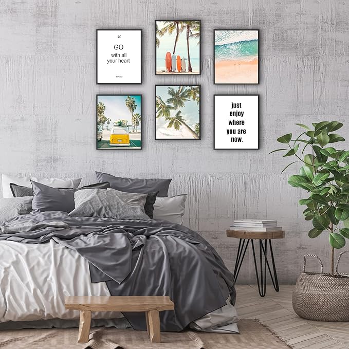 HoozGee Beach Wall Art Prints Set of 6 Summer Seascape Palm Poster Wall Decor Nature Landscape Coastal Surf Art Prints Pictures Photography Photos Print on Canvas Wall Decor (11"x14" UNFRAMED)