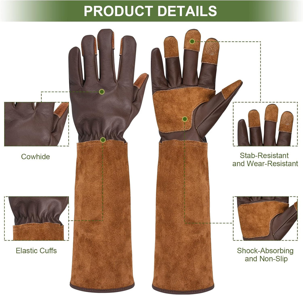 Long Gardening Gloves for Women Thorn Proof,Rose Pruning Cowhide Leather Garden Gloves for Cactus, Rose and Blackberry