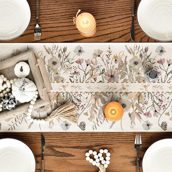 Artoid Mode Wildflower Leaves Floral Fall Table Runner, Autumn Thanksgiving Kitchen Dining Table Decoration for Indoor Outdoor Home Party 13x36 Inch