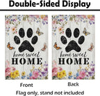 Heyfibro Spring Home Sweet Home Garden Flag 12x18 Inch Double Sided Floral Garden Flag Seasonal Small Paw Print House Flags for Outside Yard Farmhouse Spring Outdoor Decorations