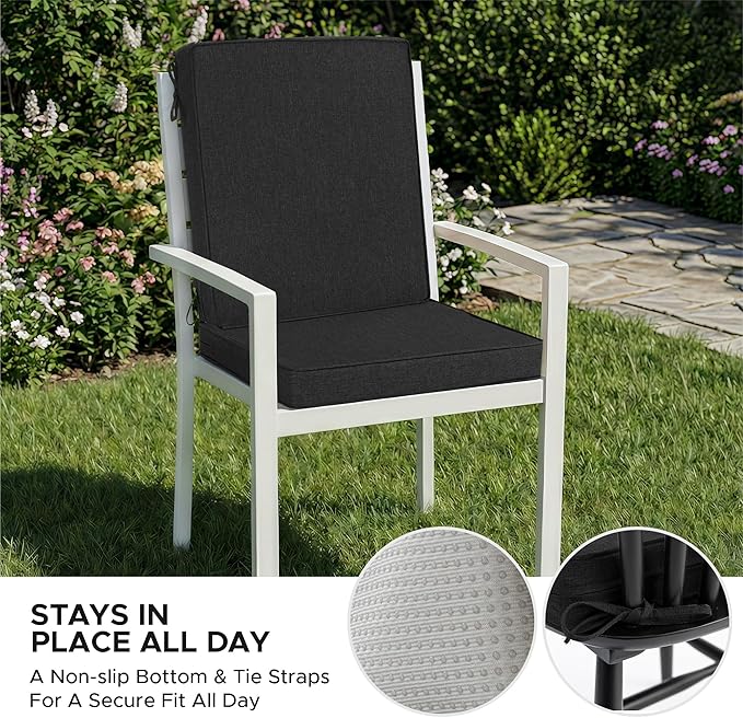 Outdoor Chair Cushions, Water-Resistant & Fade-Resistant, Patio Furniture Lawn Dining Chair Seat Replacement with Mid Back, Ties Zipper, Removable Cover, 18 x 16.5 Inch, Set of 4, Black