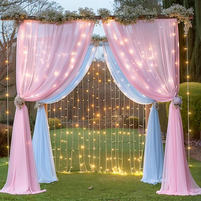 10×10ft Pink Blue Tulle Backdrop Curtain with Lights String for Parties, Sheer Photo Backdrop Curtains for Wedding Party Photography Background