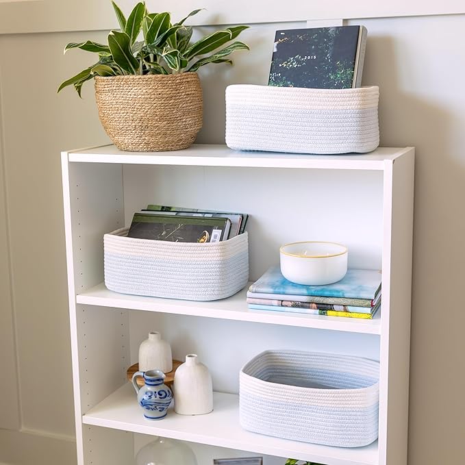 NaturalCozy 13.5”x8.5”x5.5” Rectangle Storage Baskets for Shelves 3 Pack | Cotton Rope Woven Small Baskets for Organizing | Small Storage Bins for Nursery, Bathroom, Closet, Shelf, Decorative