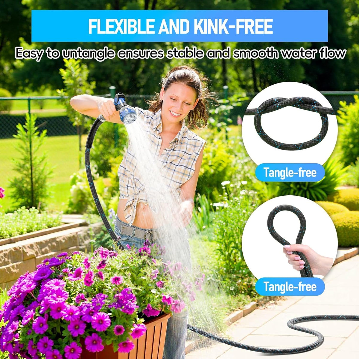 SPECILITE Garden Hose 100ft, 3-Layer Flexible Water Hose with 8 Pattern Spray Nozzle, Non-Expanding & Lightweight Stainless Steel Hose for Yard, Lawn, Outdoor-Leak Proof, No-kink & Tangle-free