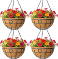 Classic Round Wire Hanging Basket 4 Packs 12 Inch Deep Coco Liner Water-Absorbing All-Weather Garden Deck Hanging Planter with Chain Flower Pot
