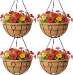 Classic Round Wire Hanging Basket 4 Packs 14 Inch Deep Coco Liner Water-Absorbing All-Weather Garden Deck Hanging Planter with Chain Flower Pot