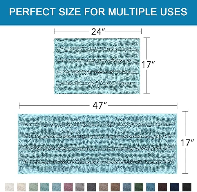 H.VERSAILTEX Bathroom Rugs Bath Mats Sets Super Absorbent Chenille Striped Bath Mats Non Skid Machine Wash Dry Rugs for Bathroom Floor Set of 2(Aqua Haze, 47 x 17 Plus 17 x 24 - Inches)