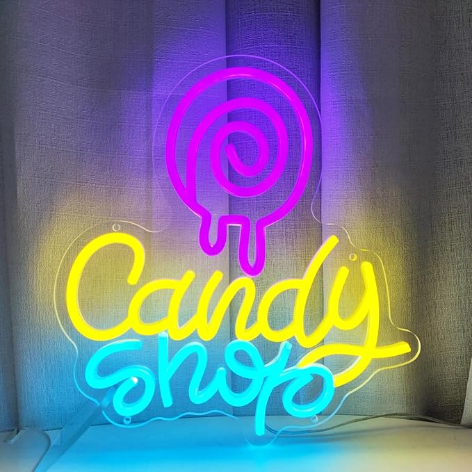 Candy Neon Sign Candy Bar Signs Candy Shop Neon Candy Sign Cherry Neon Signs for Wall Decor, NeonCandy Display Snack Sign for Sweet Shop Bedroom Birthday Party Decoration, 12.5" x 13.3"