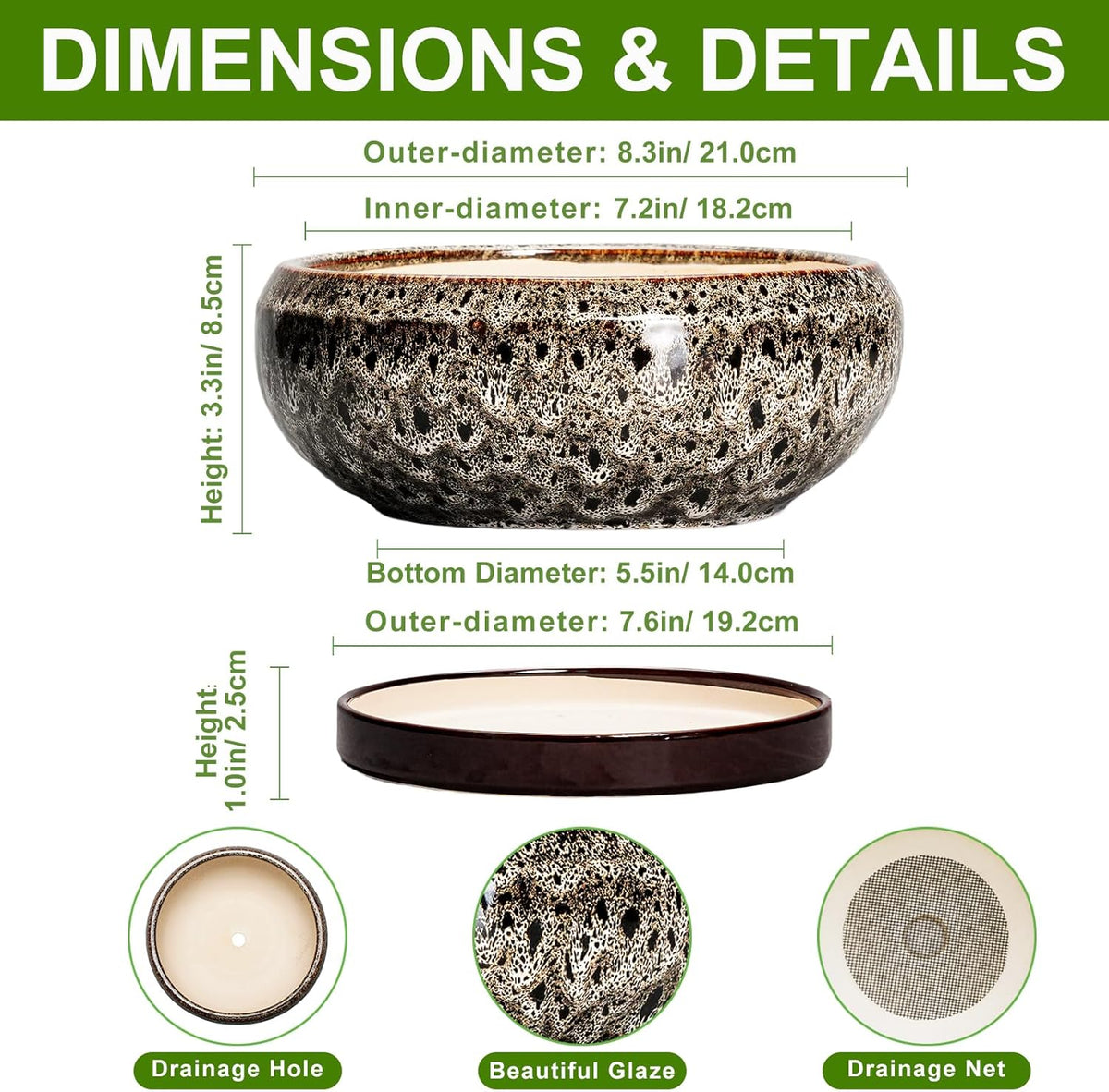 Bonsai Pots - 8 Inch Ceramic Pots for Plants with Drainage Hole and Saucer, Round Succulent Pot, Bonsai Planters Indoor Outdoor, Shallow Planter Bowl, Patio Decor, Gardening Gift, White