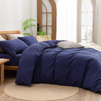 BESTOUCH Duvet Cover Set 100% Washed Cotton Linen Feel Super Soft Comfortable Chic Lightweight 3 PCs Home Bedding Set Solid Navy Blue Oversized Queen