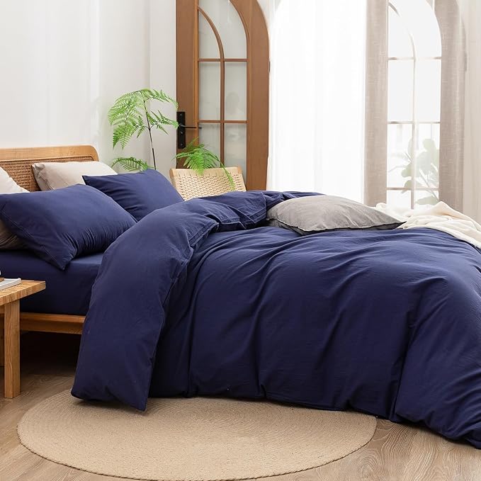BESTOUCH Duvet Cover Set 100% Washed Cotton Linen Feel Super Soft Comfortable Chic Lightweight 3 PCs Home Bedding Set Solid Navy Blue Oversized Queen