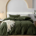 JIYUAN 100% Washed Cotton Duvet Cover Set 2 Pieces Twin, 1 Duvet Cover 68x90 Inches(Comforter Not Included) and 1 Pillowcases,Linen Feel Bedding Set Comfy and Breathable,Olive Green