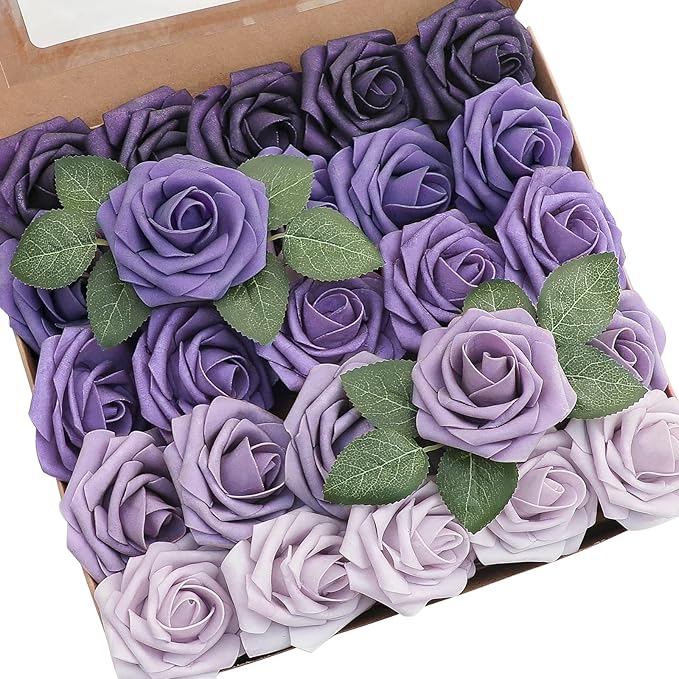 Floroom Artificial Flowers 25pcs Real Looking Lavender Purple Ombre Colors Foam Fake Roses with Stems for DIY Wedding Bouquets Bridal Shower Floral Centerpieces Party Tables Home Decorations