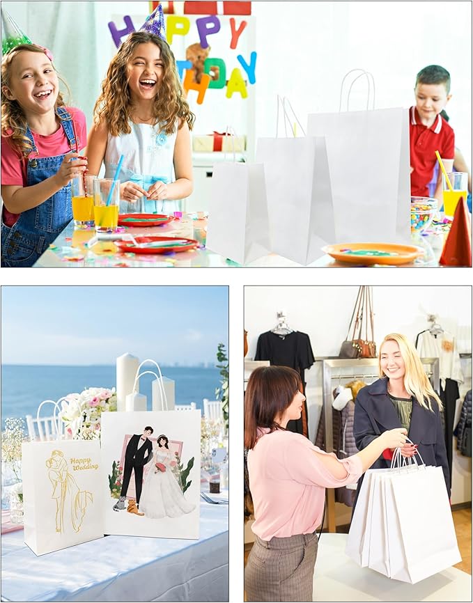 BAG BOX 50 Pack 5.9x3.1x8.25 Inch White Gift Bags with Handles,Bulk Kraft Paper Bags for Shopping, Retail, Merchandise, Wedding, Party Favors, Paper Grocery Sacks