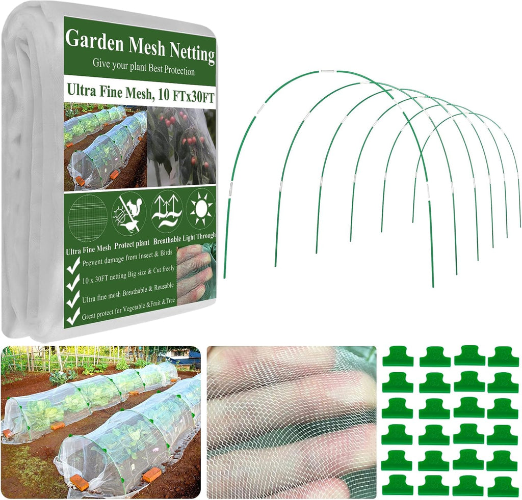 Garden Mesh Netting Kit,10 x 30FT Ultra Fine Netting with 6 Sets Fiberglass Garden Hoops for Raised Beds Vegetable Plants Fruits Greenhouse Row Cover Birds Animals Barrier Protection Net
