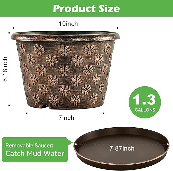 10 Inch Planter Pots for Plants, 4 Pack Plastic Large Flower Pots Indoor Outdoor, Resin Plant Pot with Drainage & Saucer, Retro Decorative Garden Pot with Removable Trays for House
