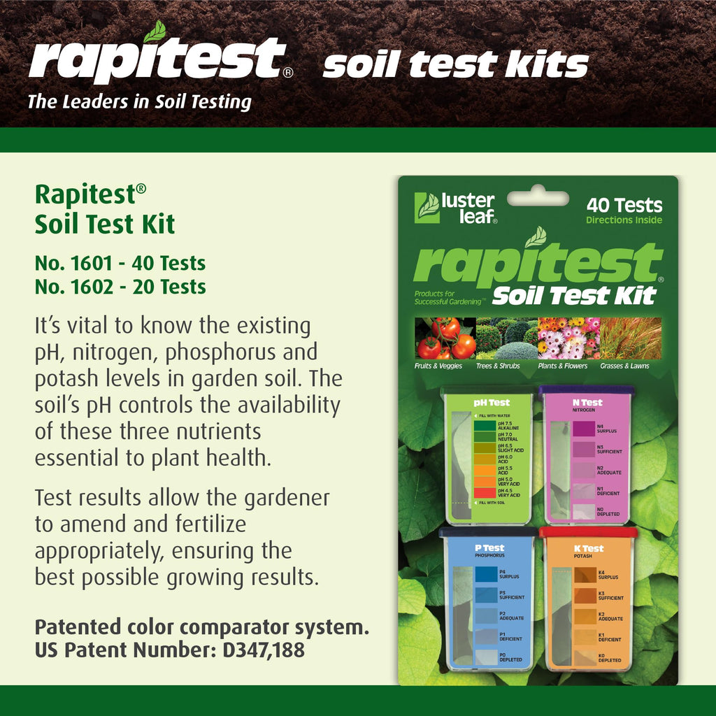 Rapitest Soil Test Kit for Gardens, Vegetables, Flowers and Lawns. USA designed and assembled soil tester completely, quickly and accurately measures/analyzes soil pH acidity and garden nutrients.