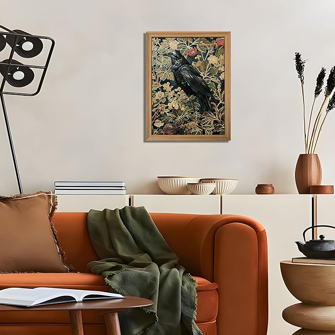 AKWISH Framed 3D Textured Vintage Wall Art - Dark Academia Decor Hand Drawn Sandstone Black Crow Paintings with Botanical Florals, Aesthetic Wall Decor for Living Room Bedroom Home 12x16 inch