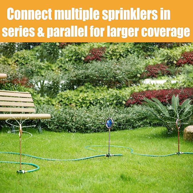 Metal Flower Sprinkler Head,Dual-Purpose Garden Decor & 360° Lawn Irrigation System,22-Inch Coverage Diameter (Copper/Green)