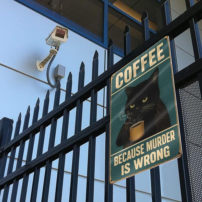 Funny Cat Coffee Metal Sign - "Because Murder Is Wrong" Retro Tin Wall Decor for Kitchen, Bar, or Café - Vintage Style 8x12 Inch