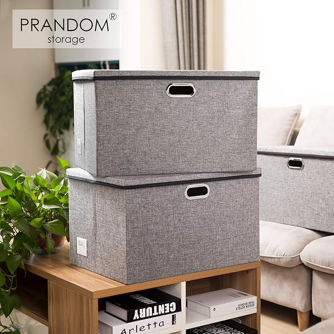 PRANDOM Extra Large Collapsible Storage Bins with Lids [5-Pack] Linen Fabric Foldable Storage Baskets Boxes Organizer Containers Cube with Cover for Bedroom Closet Office Nursery (22.8x15.75x13.8)