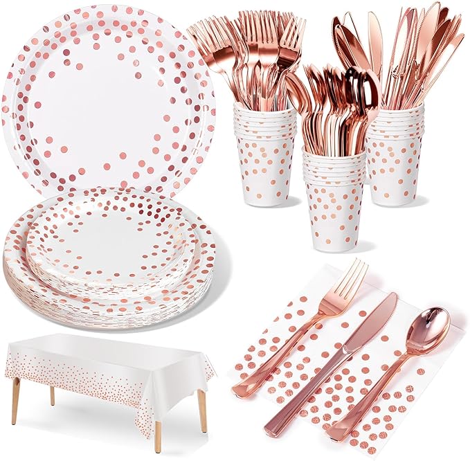 141 Pieces Rose Gold Party Supplies, Party Dinnerware Sets Include Paper Plates Napkins Cups Silverware, for Wedding Bridal Shower Engagement Birthday Parties Decoration -20 Serves