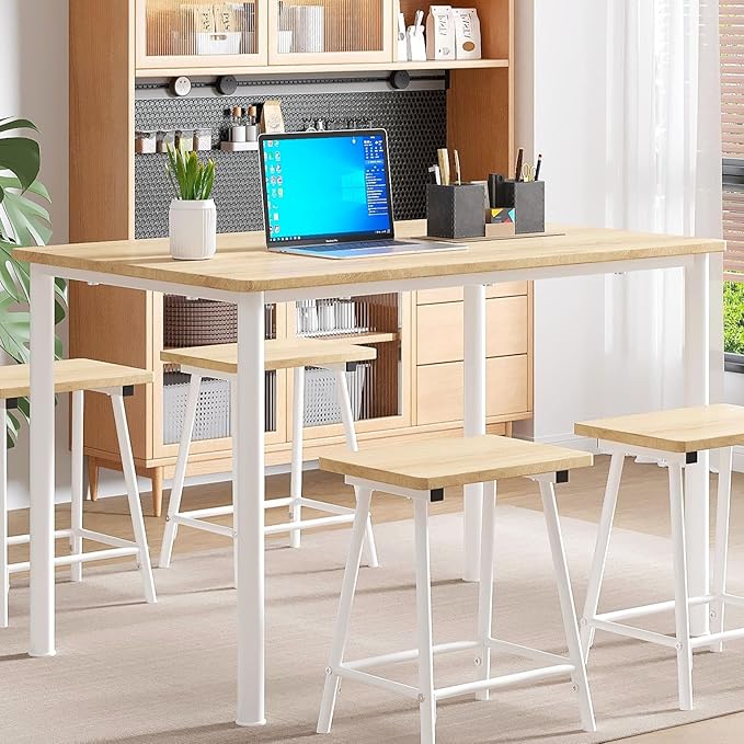 VECELO Kitchen Table and Chairs for 4, Dining Room Set with Chairs/Stools, Heavy-Duty Metal Frame with Wooden Tabletop for Small Spaces, Easy Assembly, Natural Oak