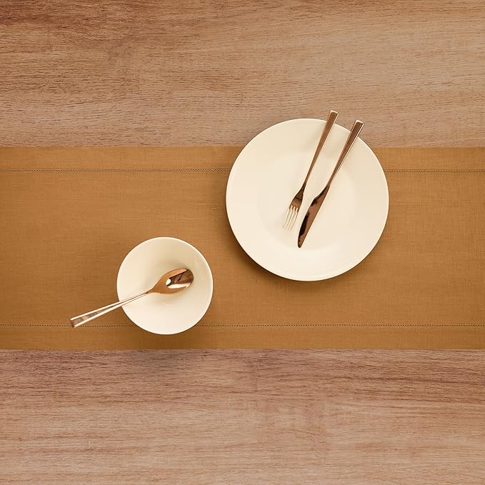 Solino Home Linen Brown Sugar Table Runner 132 Inches Long - 100% Pure Linen Extra Long Table Runner 14 x 132 Inch for Fall, Autumn, Thanksgiving - Classic Hemstitch