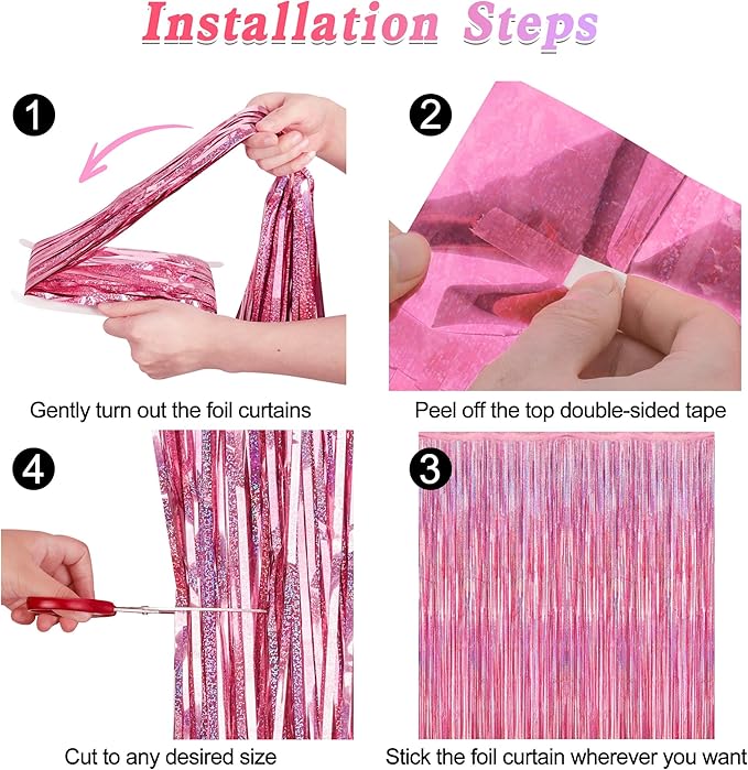 12 Pack Pink Backdrop, 3.28 FT x 7.05 FT Foil Streamers, Metallic Glitter Backdrop Pink Tinsel Fringe Curtains Party Streamers, Pink Birthday Party Decorations Photo Booth Props
