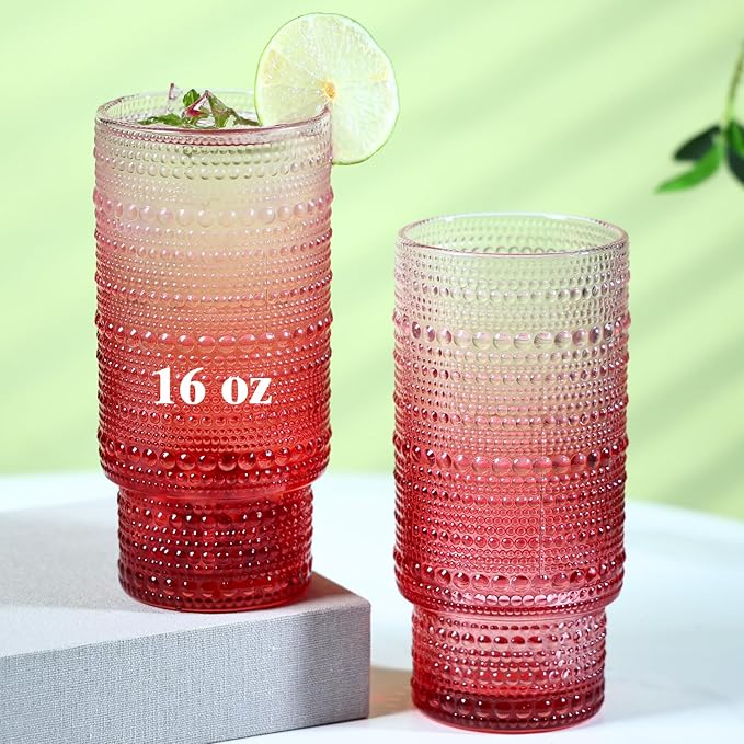 6pcs Hobnail Drinking Glasses Set, 16 oz Vintage Glassware Drinking Glasses, Gradual Red Water Glasses Tumbler, Christmas Gifts for Women
