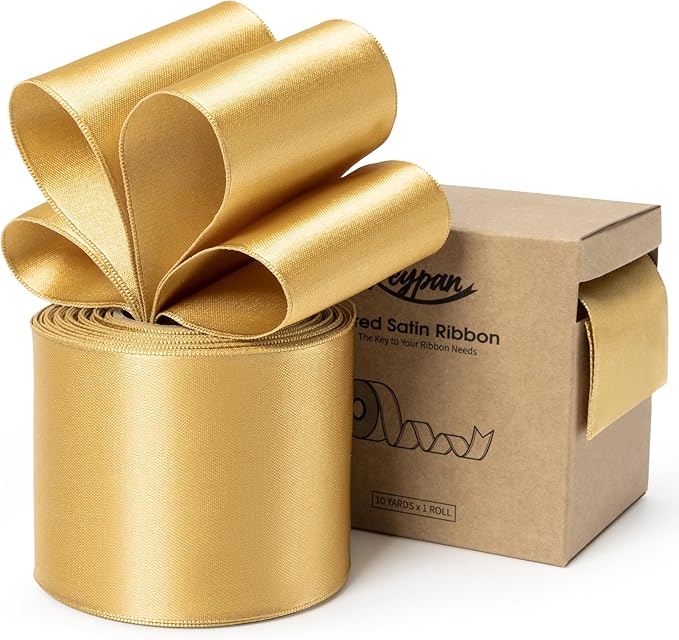 Gold Satin Ribbon Double-Faced Wired Ribbons for Gift Wrapping Flower Bouquet Bows Wedding Invitation Christmas Decor Crafts 2-1/2 Inch 10 Yards
