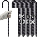 VVOKGO Rebar Stakes 16 Inches J Hook Heavy Duty Chain Link Fence Stakes, 16 Pcs Metal Long Tent Spikes Ground Anchors for Wire Fencing, Dogs Digging, Camping Tents, Swings, Greenhouse, Black