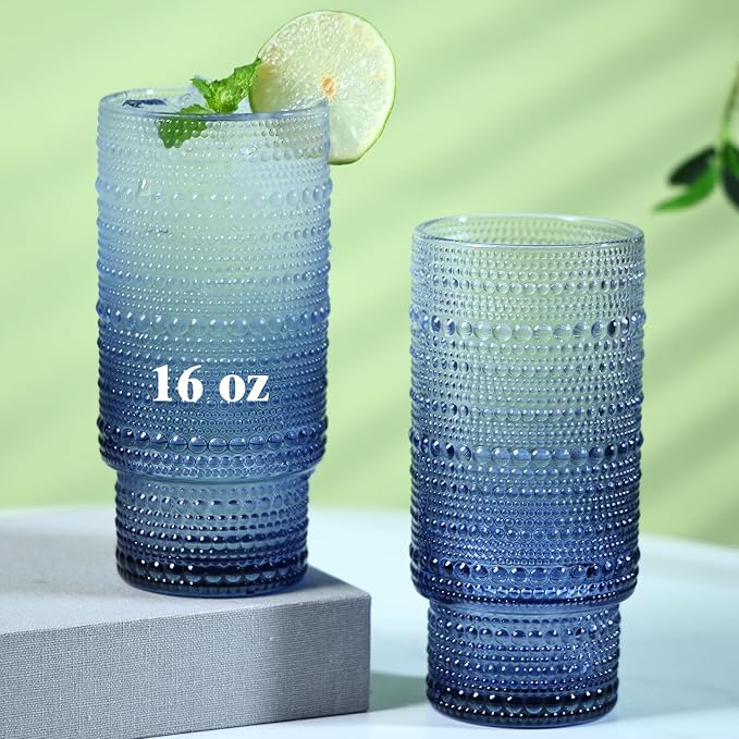 6pcs Hobnail Drinking Glasses Set, 16 oz Vintage Glassware Drinking Glasses, Gradual Gray-blue Water Glasses Tumbler, Cups for Kitchen, Juice, Beer, Cocktail, Whiskey
