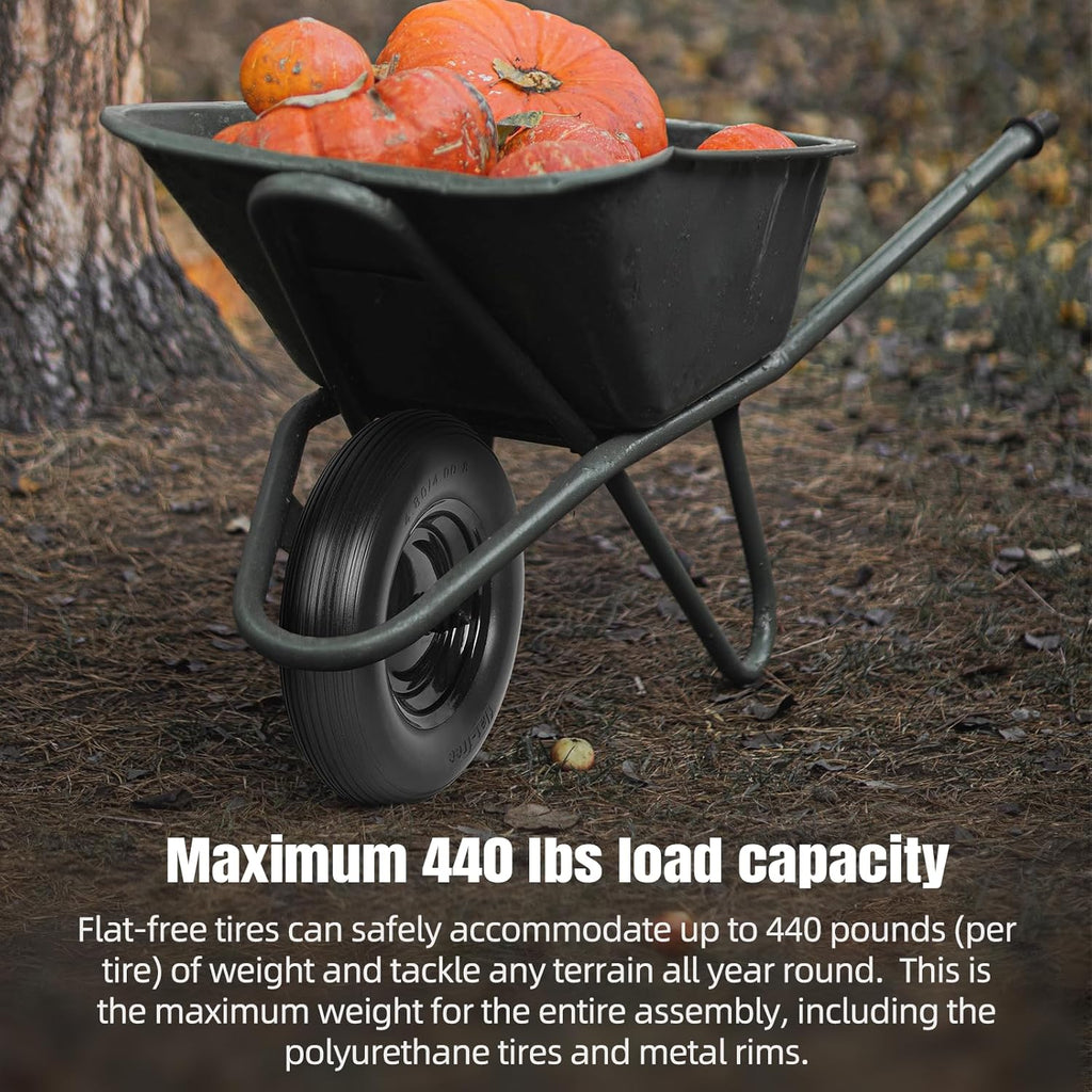 (2-PACK) 4.80/4.00-8" Tire and Wheel - Universal Fit 16" Flat Free Solid Wheelbarrow Tires with 3" Hub and 5/8" Bearings – Extra Adapter kit includes 3/4" Ball Bearings, 1" and 1/2" Nylon Spacers