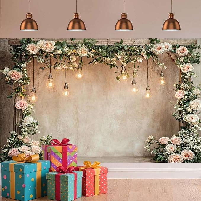 5x3ft Country Wedding Photography Backdrop Floral Rustic Roses Farmhouse Wooden Door Backdrop Pink Flower Birthday Baby Shower Wedding Bridal Party Banner Photo Booth Props Anniversary Background