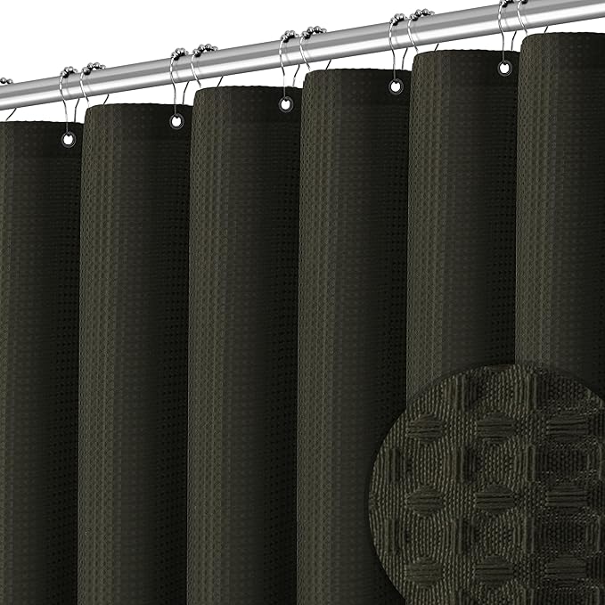 Brown Shower Curtain Waffle Weave Textured Fabric Heavy Duty Shower Curtain Set for Bathroom, Waterproof 256GSM Weighted Hotel Quality Luxury Bath Curtain Set with 12 Hooks, 72Wx72H