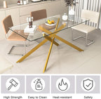 60" Rectangular Glass Dining Table Modern Kitchen Glass Top Table for 6 with Gold Metal Legs, Clear Dining Table Kitchen Table for Home Office Dining Room