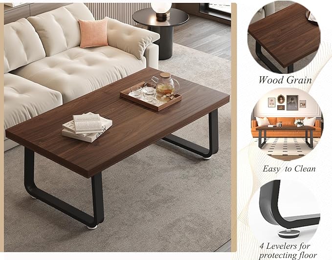 HSH Rustic Walnut Coffee Table, 39” Mid Century Modern Center Table, Rectangle Industrial Living Room Coffee Table, Simple Farmhouse Wood and Metal Tea Coffee Tables for Home Bedroom, Walnut, 39 in